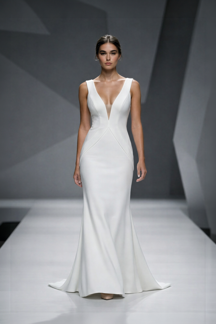 Das Brautkleid Amelia von Lili Pellegrino Modernes schlichtes Brautkleid mit V-Ausschnitt, figurbetontem Schnitt und eleganter Schleppe