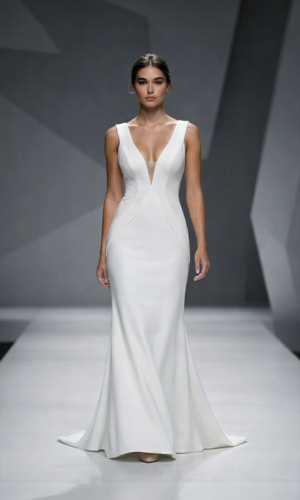 Das Brautkleid Amelia von Lili Pellegrino Modernes schlichtes Brautkleid mit V-Ausschnitt, figurbetontem Schnitt und eleganter Schleppe