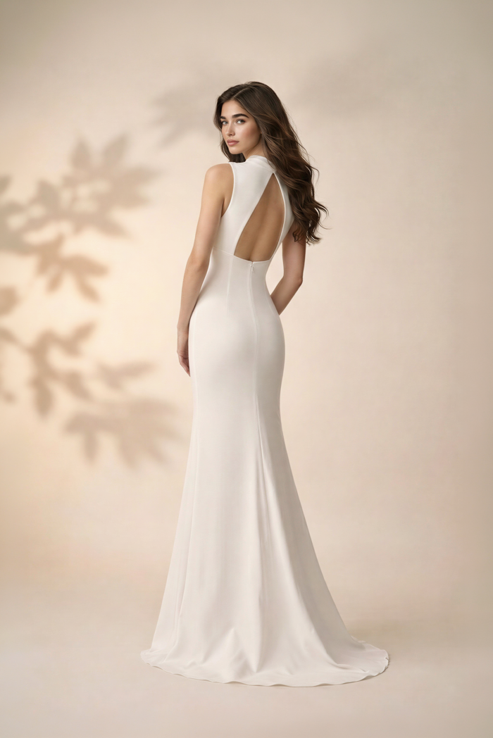 Das Brautkleid Aitano von Lili Pellegrino Brautkleid Aitano von Lili Pellegrino mit elegantem V-Ausschnitt, figurbetonter Silhouette und fließender Schleppe